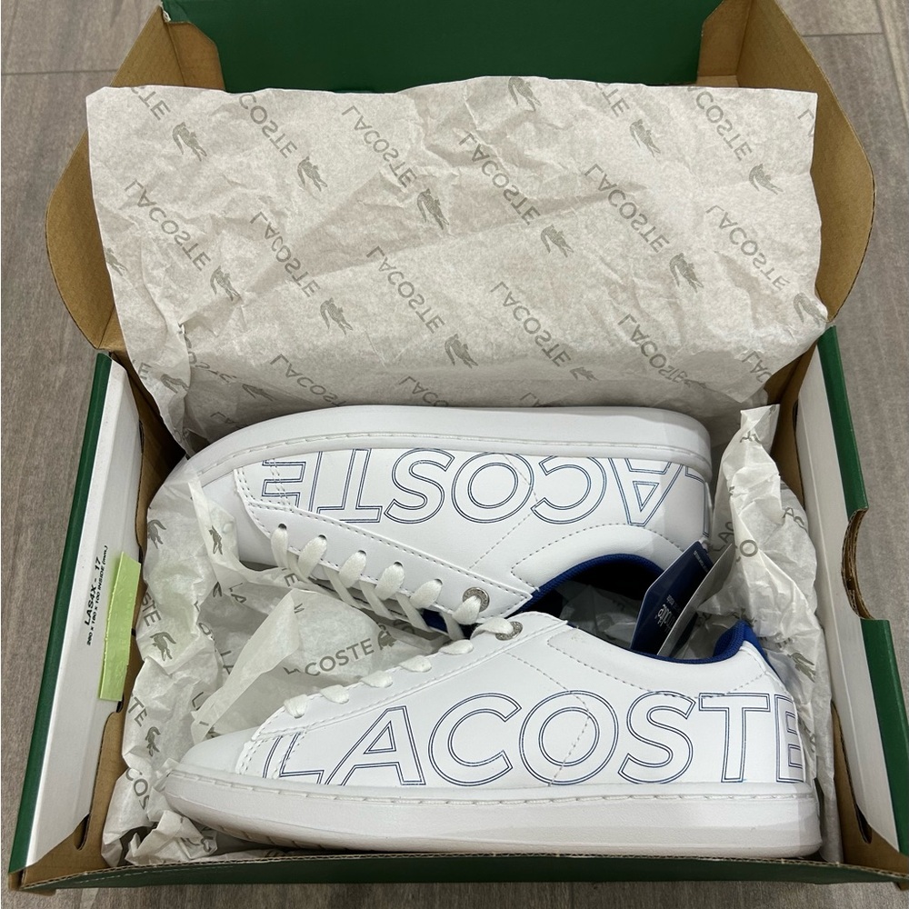 Lacoste White Sneakers with Blue Logo Design